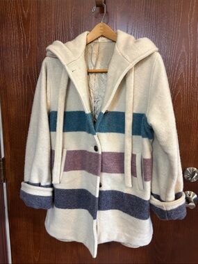 Woolrich vintage Cozy Hooded Wool-Blend Coat with Colorblock Stripes XL